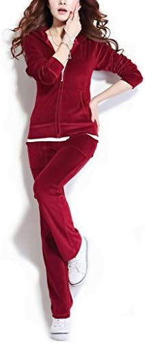ReliBeauty Womens Pure Color Hood Velour Tracksuit Set Sports Jacket (XXX-Large, Date Red)