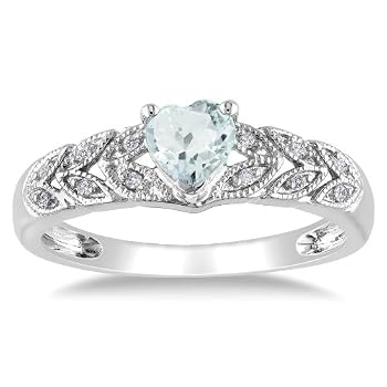 Sterling Silver Aquamarine and Diamond Heart Ring (0.05 cttw, G-H Color, I2-I3 Clarity)