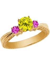 1.06 Ct Round Canary Diamond Pink Sapphire 14K Yellow Gold 3-Stone Ring