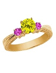 1.06 Ct Canary Diamond Pink Sapphire 925 Yellow Gold Plated Silver 3-Stone Ring
