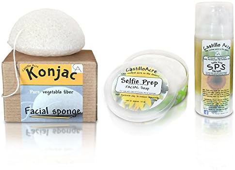 Castillo Acre - Selfie Prep System- Brilliant complexion Goat milk and Bentonite clay Facial Soap, Konjac facial sponge, and coffee and Herb-infused Moisturizing Serum
