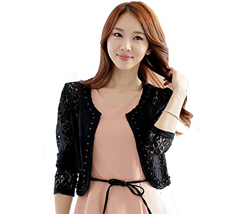 パール 刺繍 レース パーティー ノーカラー ジャケット ボレロ カーディガン 結婚式 二次会 謝恩会 入学式 卒業式 フォーマル ブラック