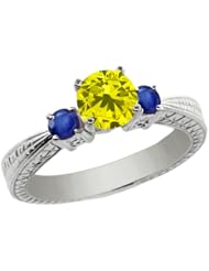 1.06 Ct Round Canary Diamond Blue Sapphire 18K White Gold 3-Stone Ring