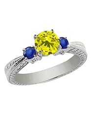 1.06 Ct Round Canary Diamond Blue Sapphire 14K White Gold 3-Stone Ring