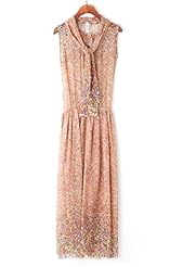 Sleeveless Floral Print Vintage  Gathered Elasticized   Waistline Summer Chiffon Maxi Dress  With a Bow(s)