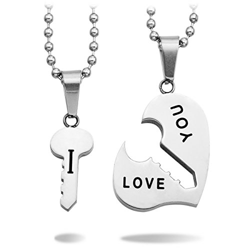 MeMeDIY 2 PCS Stainless Steel Pendant Necklace Heart Key Couple ,come with 2 Chains - Customized Engraving
