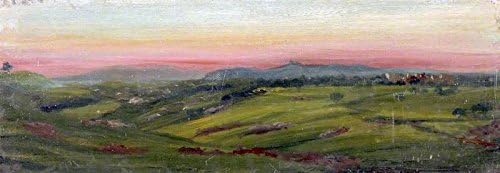 6 x 17 in / 15 x 42.5 cm Landscape with Green Fields a Distant Hilltop Village and a Pink Sky,Oil Painting on Canvas. Fine Art - Superb quality and craftsmanship, Unframed Hand Painted Wall Art