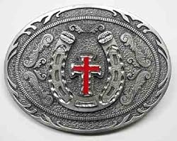 Diamondcut Red Enamel Cross w/Horseshoe Buckle,RELIGIOUS BUCKLE
