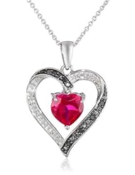 Sterling Silver Heart Shape Created Ruby Black and White Diamond Heart Pendant Necklace, 18"