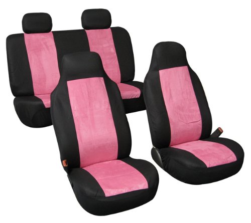 Suede Car Seat Cover Full Set Bucket Front and Bench Resr Seat Cover Fb105 Pink/black 114