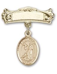 14K Gold Baby Badge with St. Roch Charm and Arched Polished Badge Pin