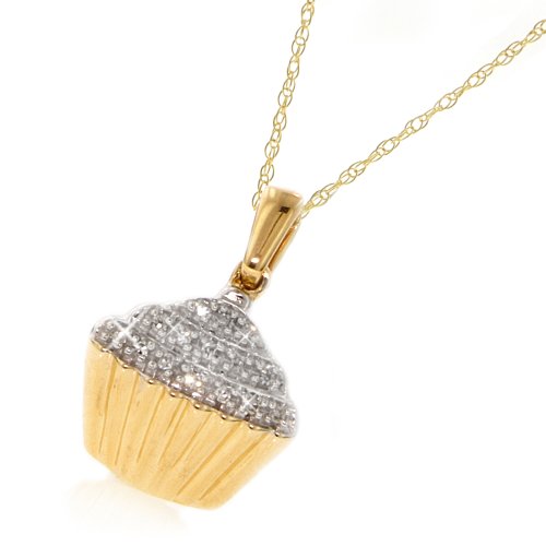 10k Yellow Gold Diamond Cupcake Pendant w/ Cupcake Box (.05 cttw, I-J Color, I2-I3 Clarity), 18