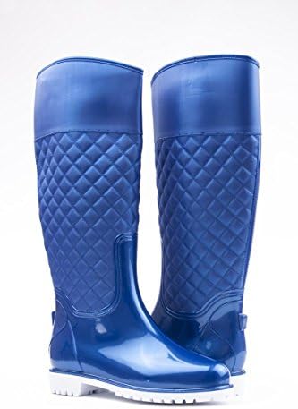 New Women Blue Quilted Flat Rubber Waterproof Panel Knee High Rain Boot Size 7