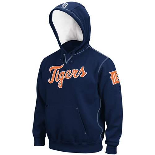 MLB Detroit Tigers Adult Long Sleeve Hood Fleece Pull Over (Athletic Navy/White, Large)