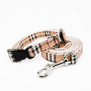 HOW'S YOUR DOG Oxford Nova Plaid Padded Pet Dog Collar & Leash Set - Beige, Medium