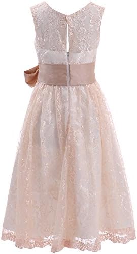 Sheer Top Lace Flower Girl Dress with Taffeta Sash Junior Bridesmaid Dress (10, Champagne)