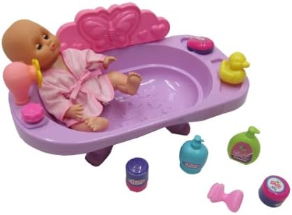 13 Piece Realistic Play Baby Doll and Bathtub with Functioning Water Pump. Shampoo, Lotion, Soap, Doll's Robe, Wash Cloth, Rubber Duck and More