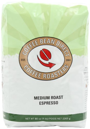 Coffee Bean Direct Medium Roast Espresso, Whole Bean Coffee, 5-Pound Bag