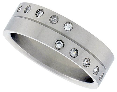 Surgical Steel Flat 8mm Wedding Band Ring 10 Bezel set CZ Stones Grooved Center Matte Finish, size 11