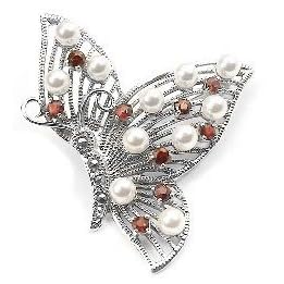Sterling Silver Pearl and Garnet Butterfly Pin Brooch by Silver Insanity