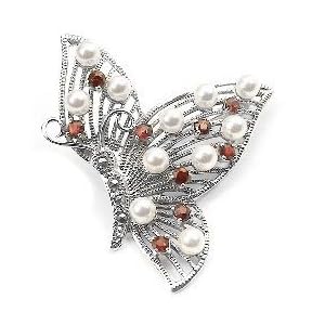Sterling Silver Pearl and Garnet Butterfly Pin Brooch by