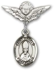 Sterling Silver Baby Badge with St. Anselm of Canterbury Charm and Angel with Wings Badge Pin