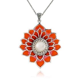 Sterling Silver Marcasite & Epoxy Flower w/ Mother-Of-Pearl Center Pendant, 18"