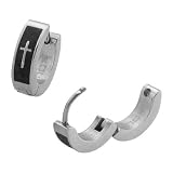 316L Stainless Steel "Hinged Snap" Huggie Earrings with Gothic Medieval Cross Print - 14mm Length, 4mm Width - Sold as a Pair
