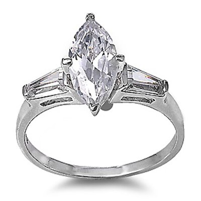 Best Item in Class and Price Range, Bestselling .925 Sterling Silver Engagement Ring, 3.50 Carat Total Weight of High Quality Clear Cubic Zirconia Depicted in Marquise Cut Center Stone and Baguette Cut Side Stones, Free Shipping, Sale Price Offer, Comes with Free Special Gift Pouch and Box