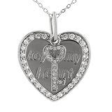 Sterling Silver CZ Heart Pendant with Message 'key to my heart'