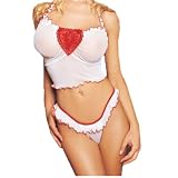 Leg Avenue Two Piece Mesh Ruffle Trim Halter Crop Top with Embroidered Heart Applique