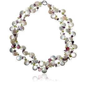 Freshwater Coin Pearl, Peridot, and Amethyst Double-Strand Necklace by Amethyst Necklaces