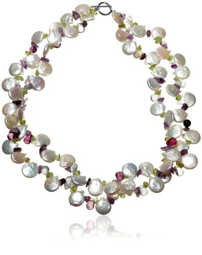 Freshwater Coin Pearl, Peridot, and Amethyst Double-Strand Necklace