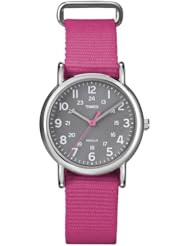 Timex Womens T2N834 Weekender Mid-Size Slip Thru Pink Nylon Strap Watch
