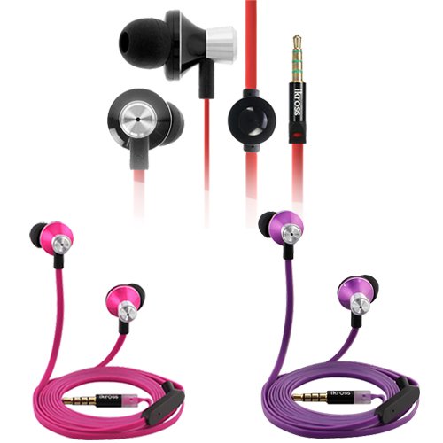 iKross 3-Pack In-Ear 3.5mm Noise-Isolation Stereo Earbuds with Microphone for Apple HTC LG Motorola Samsung Cellphone Tablet MP3 Player eBook and more - Hot Pink/ Black, Purple/ Black, Black/ Red