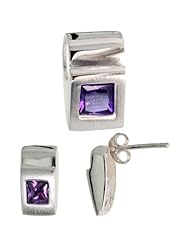 Sterling Silver Matte-finish Fancy Earrings (11mm tall) & Pendant Slide (15mm tall) Set, w/ Princess Cut Amethyst-colored CZ Stones