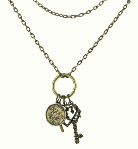 Necklace - N209 - Heart, Key, Hatchet Cross and Coin Cluster ~ Antique Gold Tone