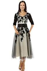 Elbow Length Sleeves Tea Length Tulle Lace Evening Dress/Prom Dress 