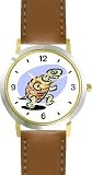 Running Turtle or Tortoise Cartoon (Aesop or Aesops) Animal - WATCHBUDDY® DELUXE TWO-TONE THEME WATCH - Arabic Numbers - Brown Leather Strap-Children's Size-Small ( Boy's Size & Girl's Size )