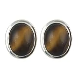 Silver Earrings with Tiger Eye Gemstone Handmade Jewelry 0.5 inches