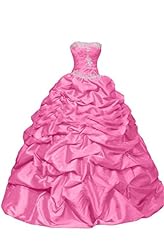 Occasion: Quinceanera  
Shoulder: Strapless  
Skirt: Ball Gown 
Embellishments: Applique  Ruffles  
Size Category: Adult 
