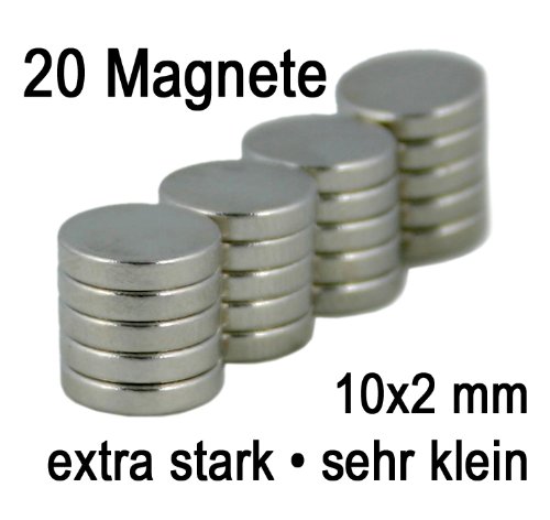20 extra starke Mini Magnete - sehr klein - 10x2 mm - mit runder Platte zum praktischen Aufbewahren