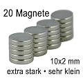 20 extra starke Mini Magnete - sehr klein - 10x2 mm - mit runder Platte zum praktischen Aufbewahren