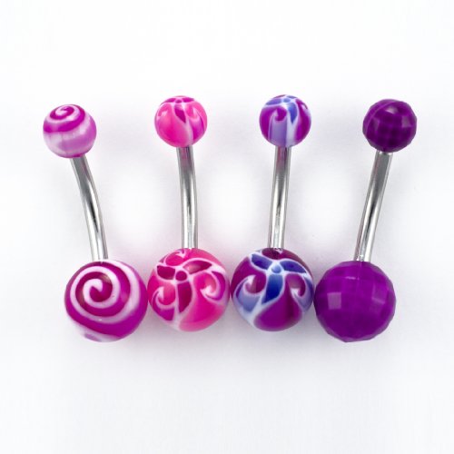 5 Pk-14G Surgical Steel Belly Rings:2 Pink Purple Flowers-1 Swirl-1 Purple-1 Retainer-Gift Box