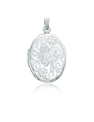 Sterling Silver Oval Floral Pendant Photo Locket (21 x 36 mm)