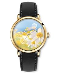 SPRAWL Aanalog Fashion Series Gold Ladies Watches of Genuine Black Leather Strap,Unique Wrist Watch for Women Girls Designed with Happy flowers in the field
