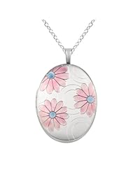 Sterling silver Oval Shaped Locket w/ Colored Flowers Necklace