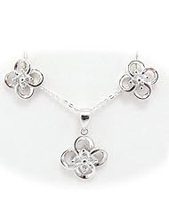 Sterling Silver Flower Shamrock Clover CZ Pendant Earrings Flat Cable Chain 18 inch