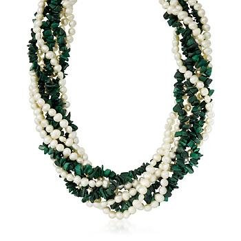 Malachite, 5-6mm Cultured Pearl Torsade Necklace In Silver. 18\