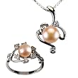 Entwining Vine Cultured Pearl Cubic Zirconia Platinum Overlay Sterling Silver Pendant Necklace 16" & Ring Set, Peach Pink